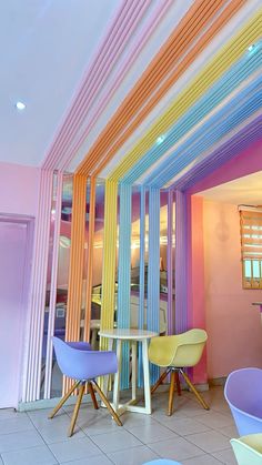 a room filled with lots of different colored chairs and tables in front of colorful walls