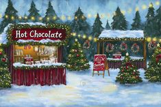 a painting of a hot chocolate shop in the snow with christmas trees and lights around it