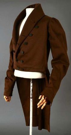 Wool coat c.1820-30. An 1820s chocolate brown wool coat with a large padded collar. Brown Wool Coat, Historical Dress, School Collection, Vintage Mens Fashion