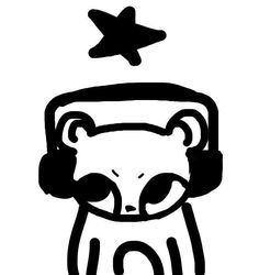 a black and white drawing of a bear wearing headphones with a star above it