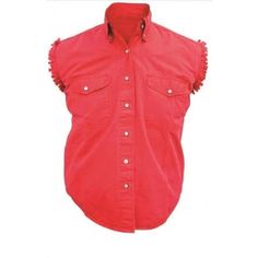 Men's sleeveless red shirt 100% cotton twill 2 front buttoned chest pockets Snap down collar PROD ID AL2905 Sleeveless Denim Shirt, Mens Fade, Red Denim, Biker Shirts, Apparel Merchandising, Mens Cuts, Twill Shirt, Motorcycle Outfit