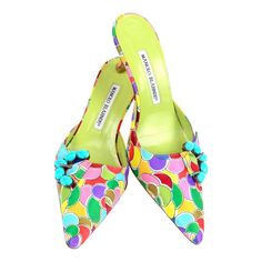 Manolo Blahnik Atomica Colorful Heeled Mules w/ Turquoise Buckle Size 36 1/2 | From a unique collection of rare vintage Heels at https://www.1stdibs.com/fashion/clothing/shoes/heels/. Multicolor High Heel Mules, Vintage Manolo Blahnik Shoes, Manolo Blahnik Heels Green, Yellow Manolo Blahnik, Yellow Manolo Blahnik Shoes, Manolo Blahnik Clogs & Mules, Manolo Blahnik Mules, Ossie Clark, Manolo Blahnik Black