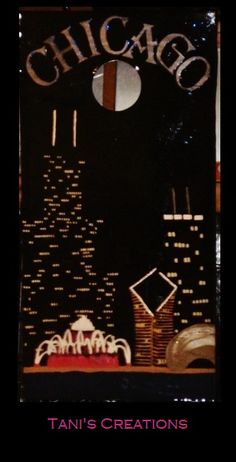 the chicago skyline is lit up at night with lights and buildings in the background text reads,'tan's creations