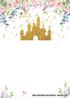 a white background with gold glitter castle and pink flowers on the bottom right corner is an image of a princess's castle