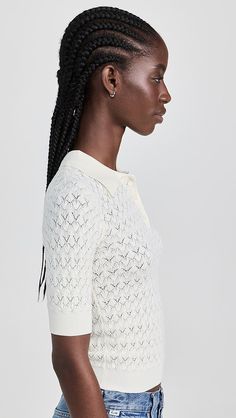 Sea Rue Fine Gauge Knit Polo Sweater | Shopbop White Collared Pointelle Knit Top, Fitted Collared Pointelle Knit Tops, Elegant Open Knit Short Sleeve Tops, Elegant Short Sleeve Open Knit Tops, Fitted Collared Open Knit Tops, Knit Polo Sweater, French Workwear, Pointelle Knit, Knit Polo