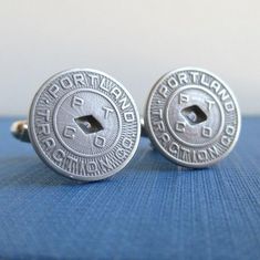 PORTLAND Transit Token Cuff Links - Repurposed Vintage Silver Tone Coins Vintage Silver Engraved Cufflinks, Vintage Silver Cufflinks For Wedding, Vintage Silver Wedding Cufflinks, Vintage Silver Screw Back Cufflinks, Vintage Collectible Cufflinks, Bait And Switch, Repurposed Vintage, Cuff Links, Vintage Silver