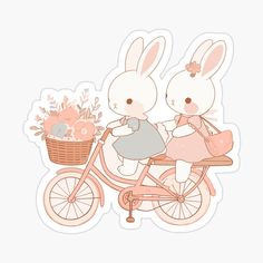 two rabbits riding on the back of a bicycle with flowers and eggs in it sticker