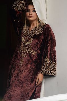 Buy Brown Kurta Silk Velvet Embroidered Zardosi Round V Aari Pant Set For Women by Gul By Aishwarya Online at Aza Fashions. Latest Velvet Suit Designs, Pakistani Embroidery, Kundan Embroidery, Maggam Designs, Velvet Pant, Women Kurta