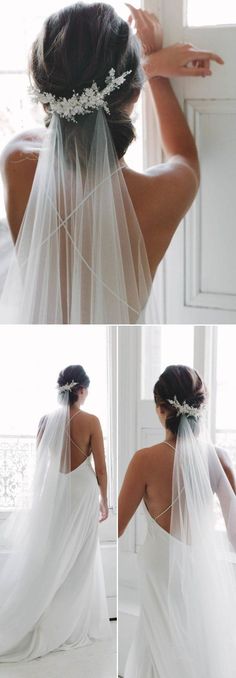 the back of a bride's wedding dress with veil