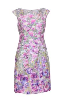 Current Boutique-Kay Unger - Green w/ Purple Abstract Floral Print Cap Sleeve Sheath Dress Sz 8 Elegant Multicolor Floral Dress For Summer, Elegant Multicolor Printed Floral Dress, Elegant Multicolor Floral Printed Dress, Elegant Printed Pink Dresses, Fitted A-line Dress In Multicolor Print, Fitted Purple Printed Dress, Pink Floral Printed Dress For Spring, Pink Printed Floral Dress For Spring, Pink Fitted Floral Dress For Garden Party