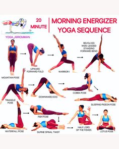 a woman doing yoga poses with the words'20 minute morning energizer yoga sequence