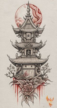 an ink drawing of a pagoda with flowers on the bottom and a moon above it