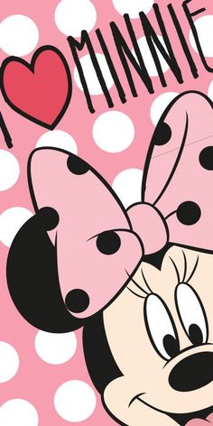 minnie mouse with i love minnie on it's head and polka doted background