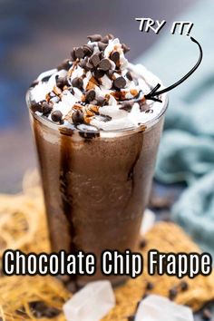 chocolate chip frappe drink with whipped cream and chocolate sprinkles on top