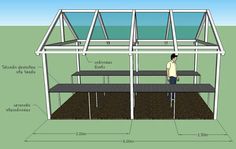 a man standing in front of a glass house with floor plans and measurements on it