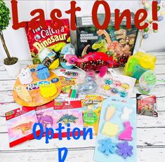 the contents of an easter basket are laid out on a wooden table with text overlay that says last one