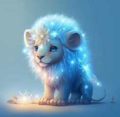 a white lion with blue eyes sitting on the ground next to a light up star