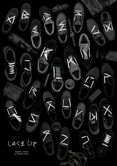 a bunch of shoes that are all written in different languages and numbers on the same shoelaces