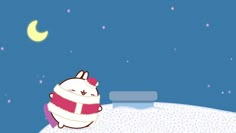 a cartoon cat sitting on top of a snow covered hill with the moon in the background