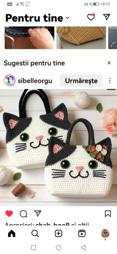 two crocheted purses with black and white cats on them, one is holding a