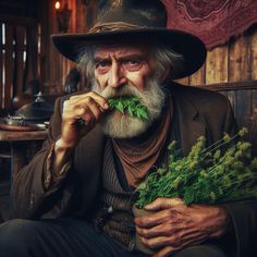 an old man wearing a hat and holding some green plants in his hand while sitting on a bench