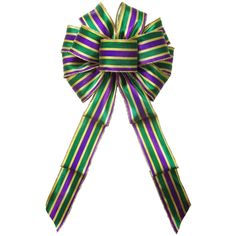 a purple, green and yellow striped bow on a white backgroung background