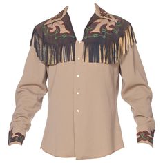 very few tiny spots, no gross soiling, in very condition. 1940S Oyster Grey Wool Gabardine Custom Made Western Shirt With Embroidered Suede Fringe Yoke & Cuffs 1920s Evening Dress, Metallic Crop Top, Disco Shirt, Cotton Plaid Shirt, Cowboy Outfits, Western Outfits Women, Western Women, Cowgirl Outfits, Cone Bra