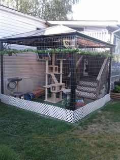 a backyard area with a fenced in enclosure and various items on the ground outside