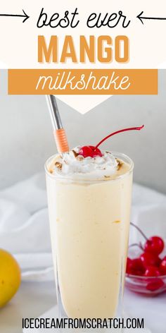 Mango milkshake in a tall glass with whipped cream on top and a maraschino cherry Homemade Milkshake Recipe Easy, Vanilla Ice Cream Smoothie, Ice Cream Smoothie Recipes, Peach Milkshake Recipe, Ice Cream Milkshake Recipe, Mango Milkshake Recipe, Coraline Theme, Homemade Milkshake Recipe, Coraline Party