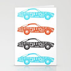 three greeting cards with different colored cars on them