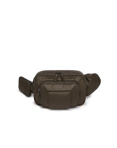 a brown leather fanny bag on a white background