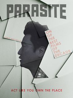 an advertisement for the upcoming movie, parasite with a man's face surrounded by pieces of paper