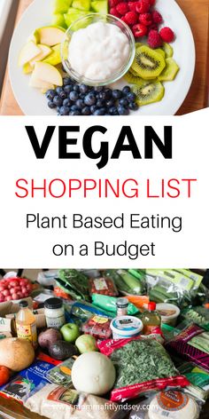 the vegan shopping list is filled with fruits, vegetables and yogurt on a tray