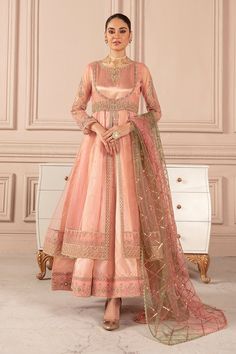 Blush Pink Embroidered Pakistani Pishwas Frock Dupatta Party Dress Kalidar Frock, Pakistani Pishwas, Frock Pakistani, Fitted Sleeves, Long Frocks, Pink Canvas, Silk Trousers, Net Dupatta, Silk Dupatta