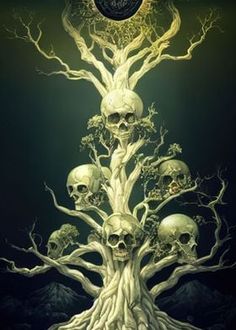 a tree with skulls on it in front of a full moon