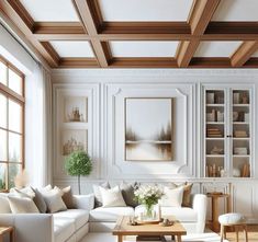 a living room filled with white furniture and lots of wooden beams on the ceiling,