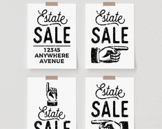 four hand drawn sale signs with the words estate sale written in black ink on white paper