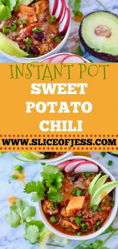 instant pot sweet potato chili with avocado and cilantro on the side