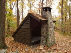 an outhouse in the woods with leaves on the ground