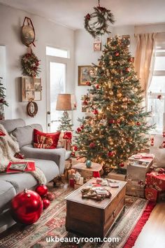 a living room with a christmas tree in the corner and presents on the coffee table