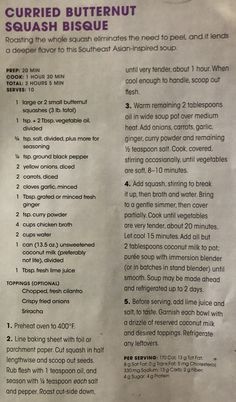 a menu listing the ingredients for curryed butternut squash biscuits in english