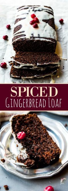 a slice of gingerbread loaf with white frosting and cranberries on top