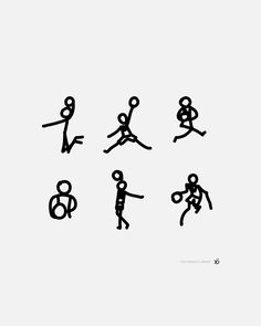 six stick figures are depicted in black and white