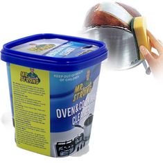 a bucket of oven and cooking cleaner next to a hand holding a sponge