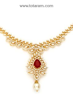 18 Karat Gold Diamond Necklace with Japanese Culture Pearls & Color Stones
  This Product has Inter Changeable Stones in the Necklace
   - 235-DN319 - in 28.500 Grams for USD $4402.43. 
Made in India by Totaram Jewelers Online this product is in Gold - 18 Karat Gold  & is an excellent gift for Adult - Women. Ships fully insured with secured guaranteed delivery for free with your order over $250 from New Jersey USA & comes with 30 days exchange policy. Traditional Gold Necklaces With Diamond Accents, Elegant 22k Gold Necklace With Gemstone, Traditional Yellow Gold Necklaces With Diamond Accents, Formal 22k Gold Gemstone Necklaces, Traditional Necklaces With Diamond Accents For Gift, Elegant 22k Gold Red Jewelry, Elegant Red 22k Gold Jewelry, Elegant 22k Gold Bridal Necklace With Gemstones, Gold Diamond Necklace