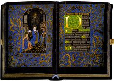 an open book with images of women and men on it, in blue and gold