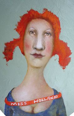 a painting of a woman with red hair and a name tag around her neck that says miss holland