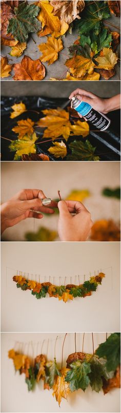 the process of making fall leaves with scissors is shown in three different stages, including cutting them