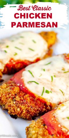 chicken parmesan on a white plate with the title in red and blue above it