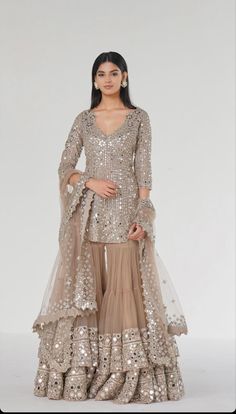 Layered Sharara, Dotti Dresses, Abhinav Mishra, Grey Kurta, Kurta Sharara Set, Trendy Outfits Indian, Desi Wedding Dresses, Kurta Sharara, Mirror Embroidery